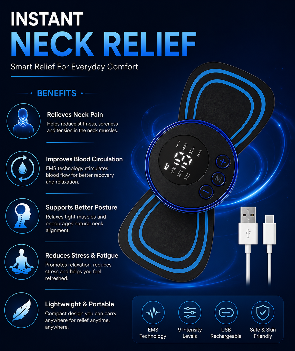 EMS Neck Massager – Portable USB Rechargeable for Pain Relief & Lymphatic Drainage